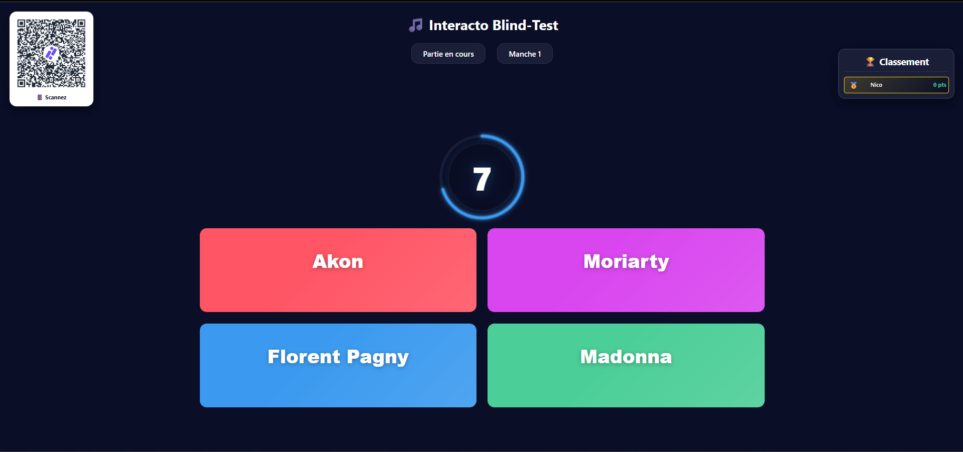 Écran TV Interacto — Blind Test en cours avec timer et choix multiples